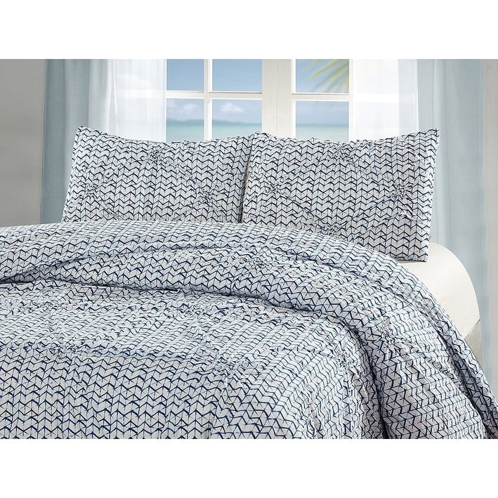 Beach Batik 3pc 100% Cotton Blue and White Pintuck Look Duvet Cover Set