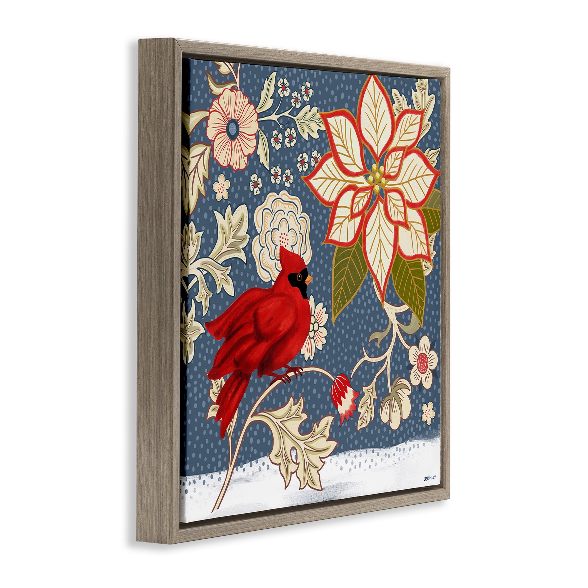 Stupell Industries Winter Cardinal with Flowers Animals & Insects Painting Brown Floater Framed Canvas Art Print Wall Art, 25 x 25
