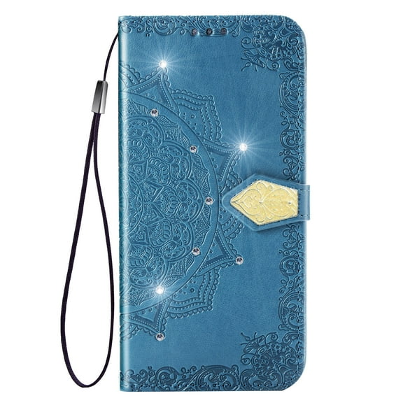 Glitter Bling Case for Motorola Moto G Stylus 5G 2024, Flip Cover Mandala Embossed Stylish Luxury Wallet Case with Cards Holder & Hand Wrist Shiny Diamond Design Phone Case for Girls Women, Blue
