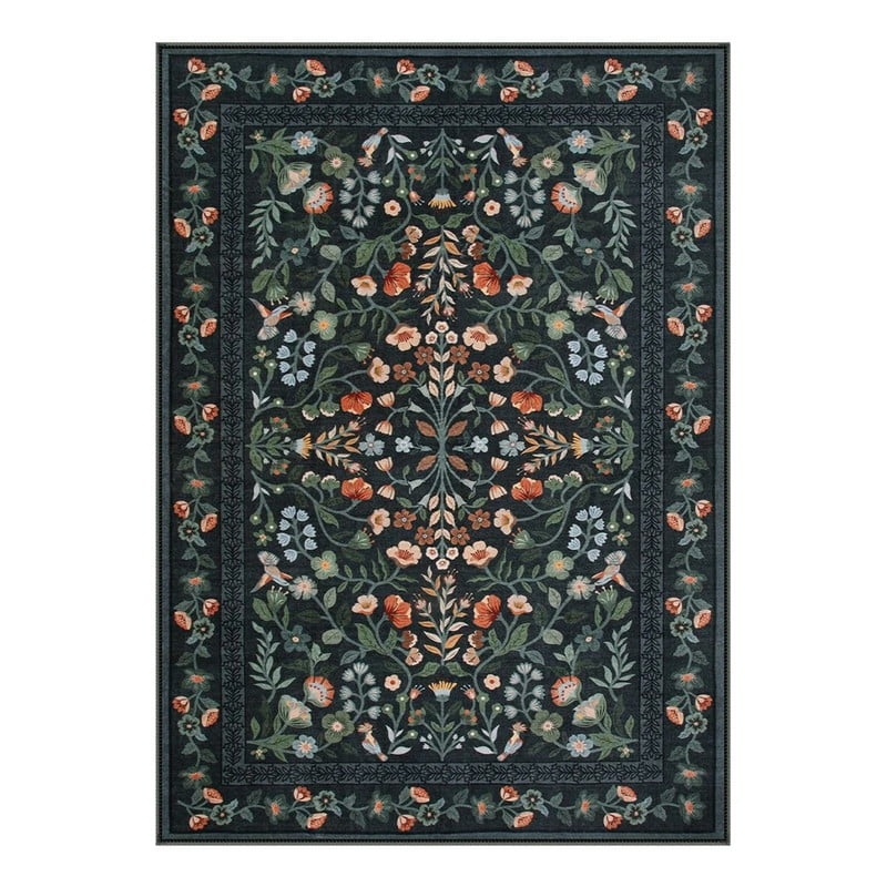Moynesa 5'x7' Floral Area Rugs for Living Room, Washable Vintage Botanical Rugs for Bedroom, Soft Non Slip Cottagecore Flower Accent Carpet for Dining Room Dorm Apartmen, Black