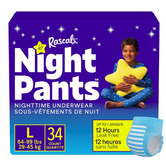 Rascals Night Pants, Absorbent Disposable Boys Nighttime Bedwetting Underwear, L (64-99 lbs), 34 Count