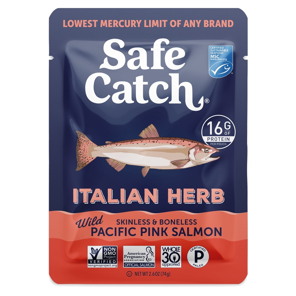 (6 pack) Safe Catch Italian Herb Wild Pacific Pink Salmon, Skinless & Boneless, 2.6 oz Pouch – Seasoned Salmon for Salads, Pasta, and Snacks