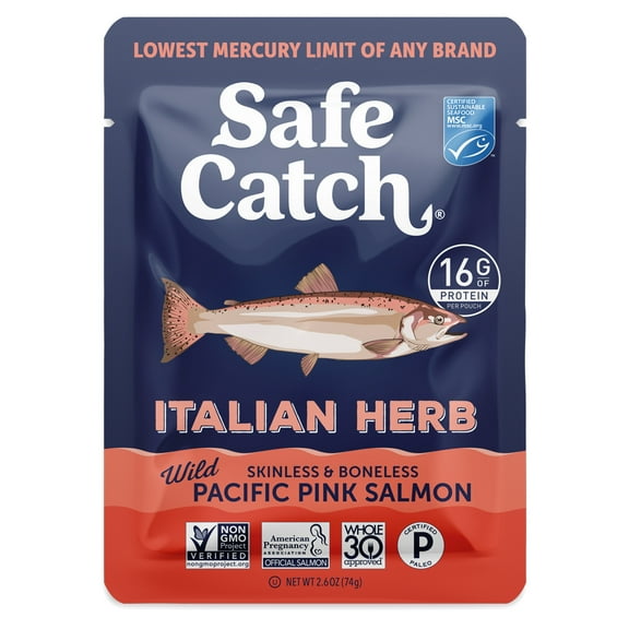 Safe Catch Italian Herb Wild Pacific Pink Salmon, Skinless & Boneless, 2.6 oz Pouch – Seasoned Salmon for Salads, Pasta, and Snacks