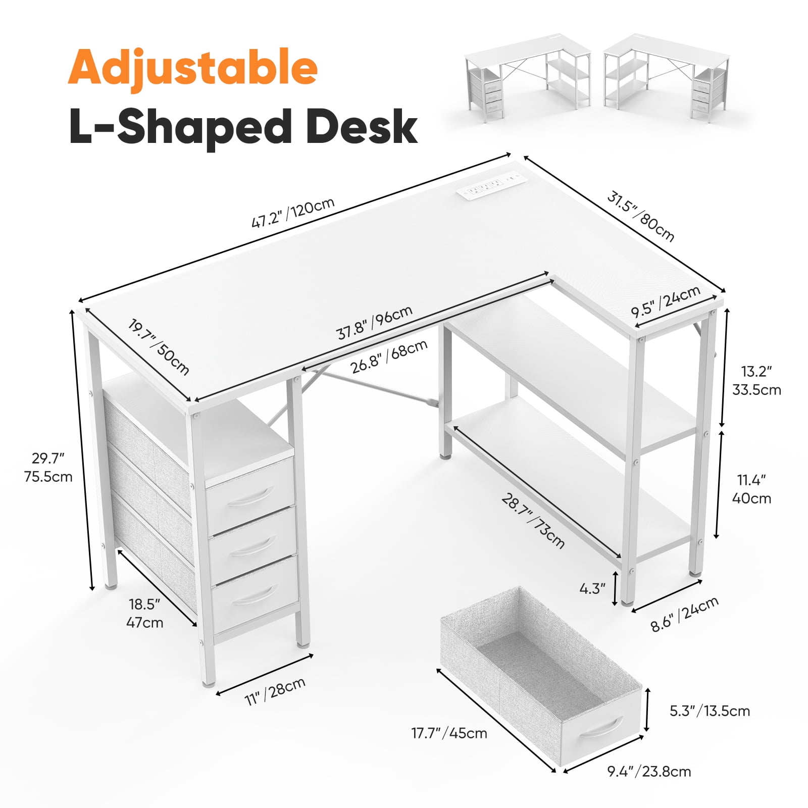 Gianna Modern L-Shaped Office Desk with Power Outlets, 47-Inch Computer Desk with 3 Drawers and Shelves for Home Office, Study, or Gaming, White