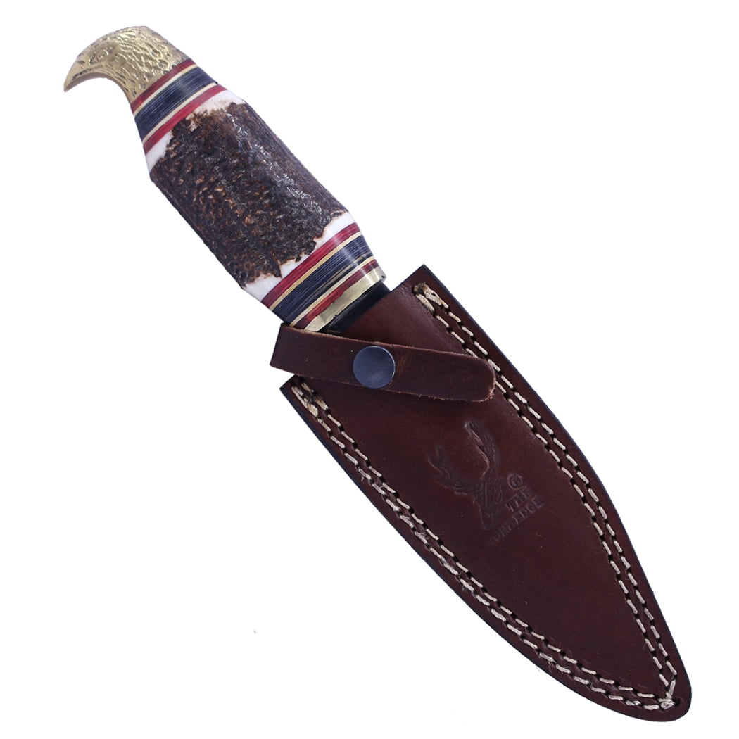 TheBoneEdge 9.5"" Artificial Stag Handle Eagle Head Hunting Knives With Leather Sheath