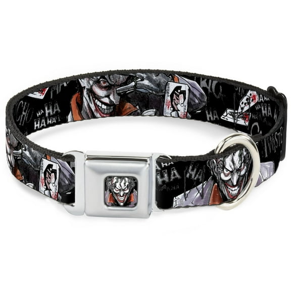 DC Comics Pet Collar, Dog Collar Metal Seatbelt Buckle, Joker Brilliantly Twisted Psycho Poses Cards Black Grays, 9.5 to 13 Inches 1.0 Inch Wide