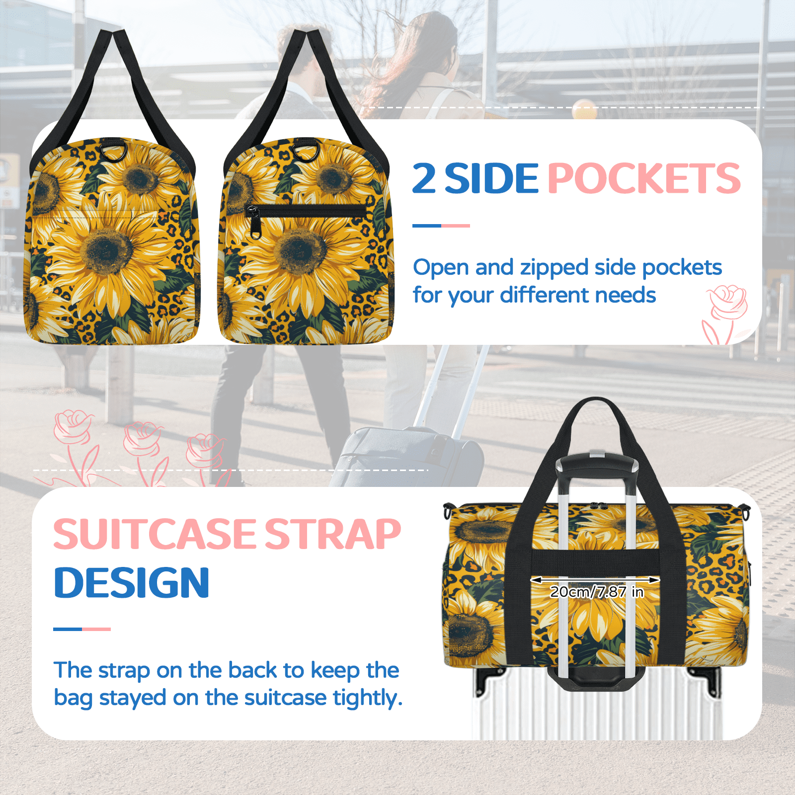 Herdesigns Leopard Print Sunflower Gym Bag for Women, Duffle Bag for Travel Sport, Floral Print Lightweight Waterproof Carry on Weekender Dance Yoga Workout Bags