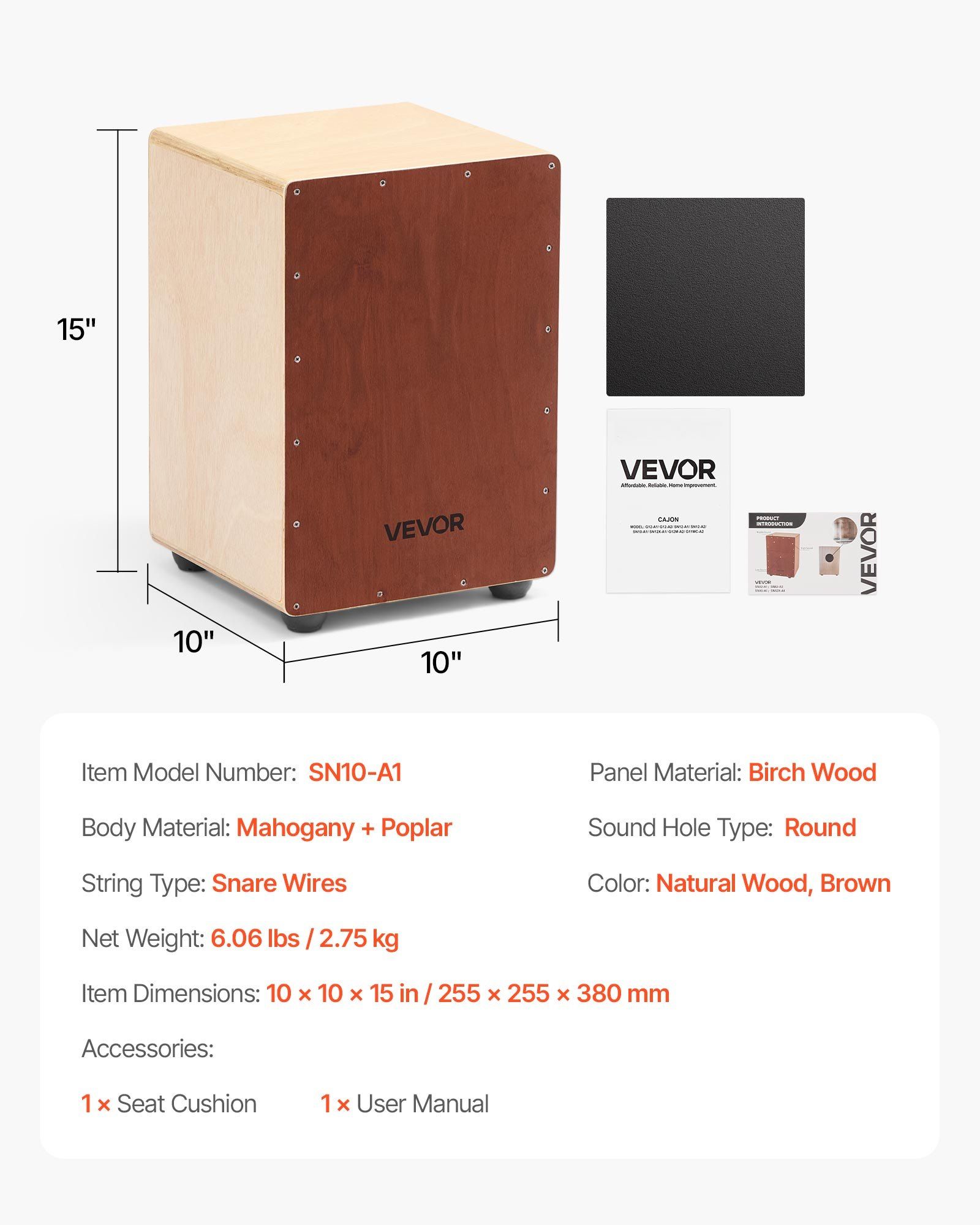 Cajon Box Drum Wooden Birchwood Percussion Instrument with Snare Wires, Adjustable Internal Strings, Compact Hand Drum with Silicone Feet for Stable Play, Warm Bass and Crisp High Tones