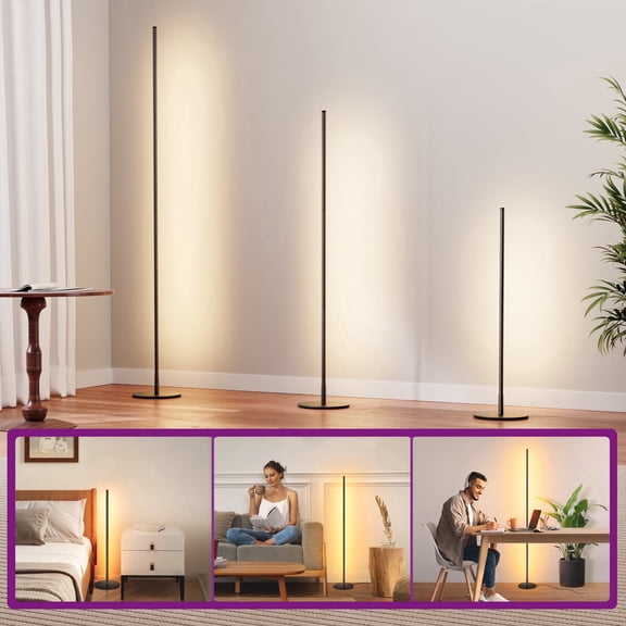 EDISHINE Modern LED Corner Floor Lamp for Living Room, 57.5" Minimalist Dimmable Lighting, Standing Tall Floor Lamp for Bedroom, Office, 3000K, Black