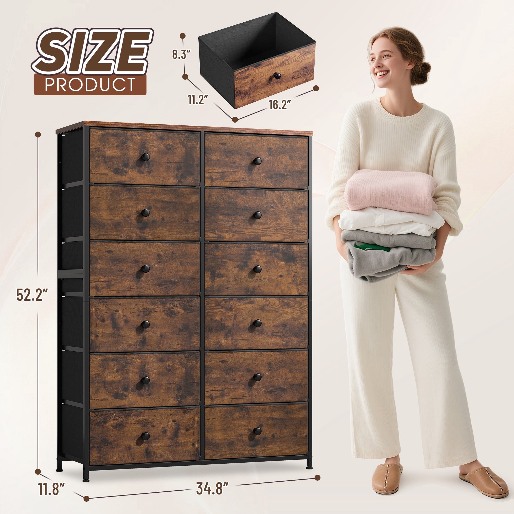 52.2" H Dresser for Bedroom with Fabric Drawers Tall Dresser with Wooden Top for Living Room,Vintage Brown