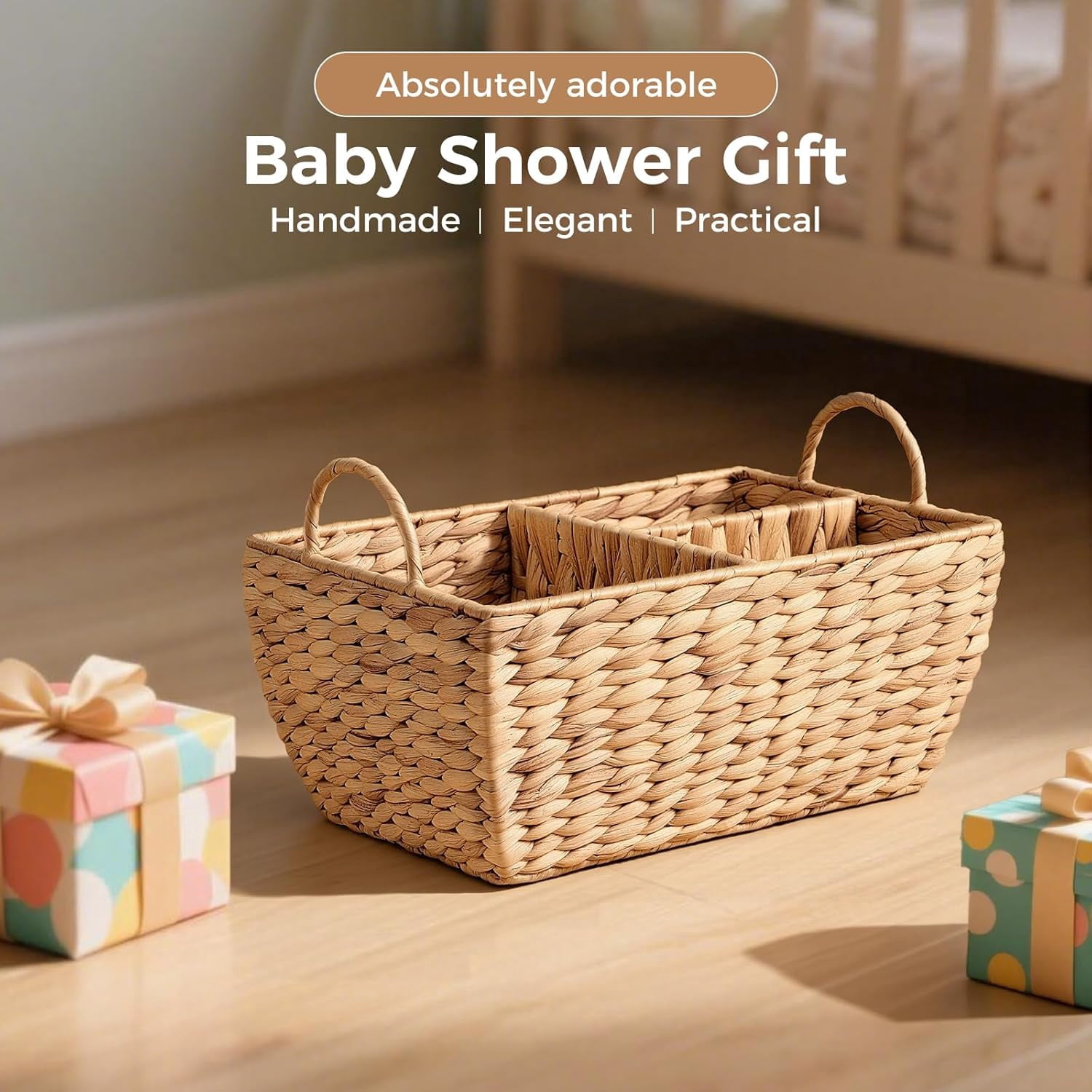 Baby Diaper Caddy Organizer, Handwoven Nursery Basket Changing Table Organizer Natural Water Hyacinth Storage Basket for Nursery Bathroom Kitchen Shelves Office Supplies Organization