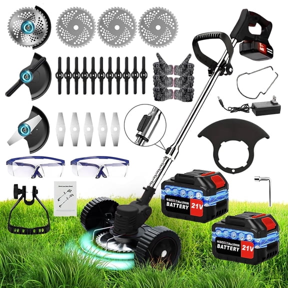 Weed Wacker Cordless Adjustable Weed Eaters wheel mower3 in 1 Electric String Trimmer Lawn with Two Battery with Charger Comes with Multiple Blades for Yard,Green,Garden gifts for Dad
