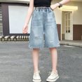 thumbnail image 4 of QIUOMBBP Knee Length Short Jeans for Girl Fashion Distressed Wide Leg Bermuda Shorts Plus Size Summer Elastic Waist Denim Shorts Blue 10 Years, 4 of 9