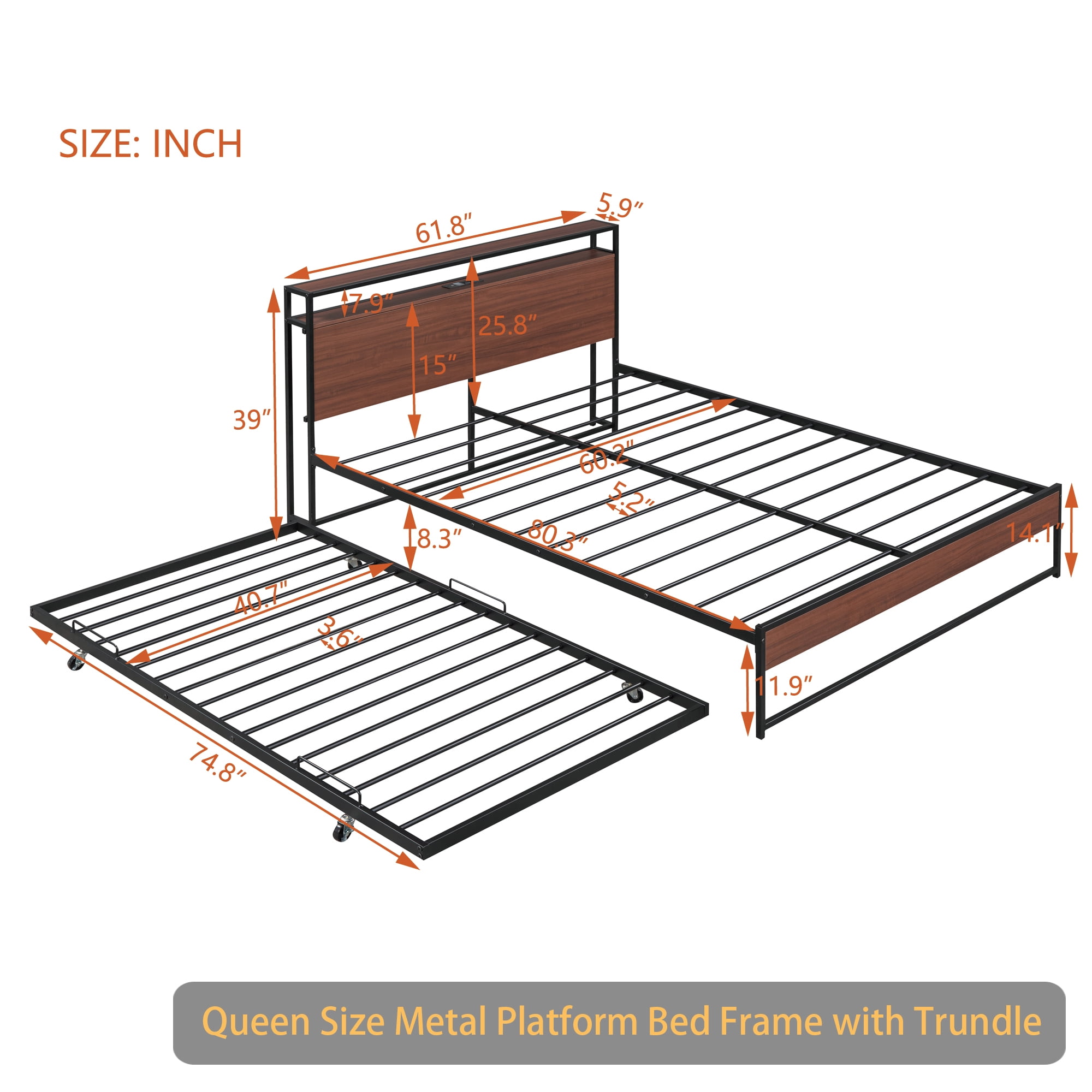 Queen Size Metal Platform Bed Frame with Trundle, USB Ports and Slat Support ,No Box Spring Needed Black