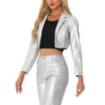thumbnail image 4 of BLAZER CORTO DE CUERO SINTÉTICO INSPIRE CHIC PARA MUJERES, CON SOLAPA EN V, CIERRE DE UN SOLO BOTÓN, CHAQUETA DE MOTO PU L PLATA, 4 of 6