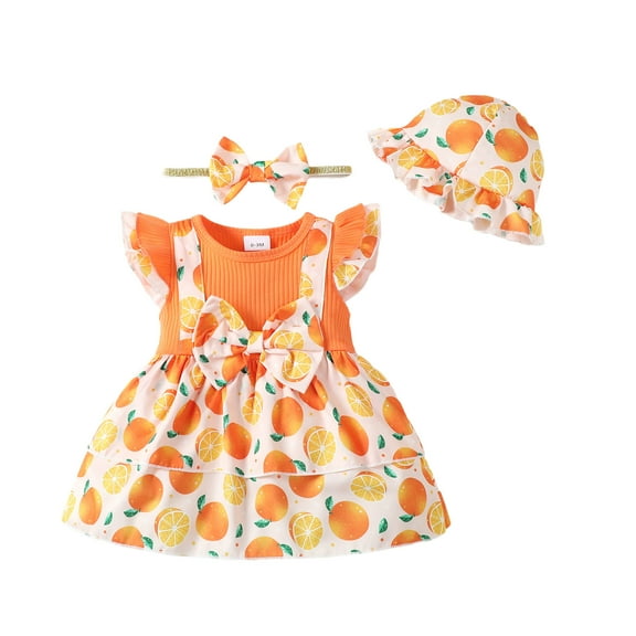 3 Months Baby Girls Dress 6 Months Girls Sleeveless Dress Round Neck Orange Print Newborn Girls Summer Dress with Headband Hat Orange