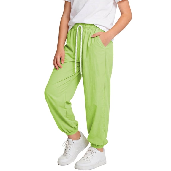 Kukoosong Girls' Lightweight Jogger Pants with Pockets, Drawstring Waist Casual Trousers for Kids, Elastic Cuff Summer Cool Mosquito Proof Pants