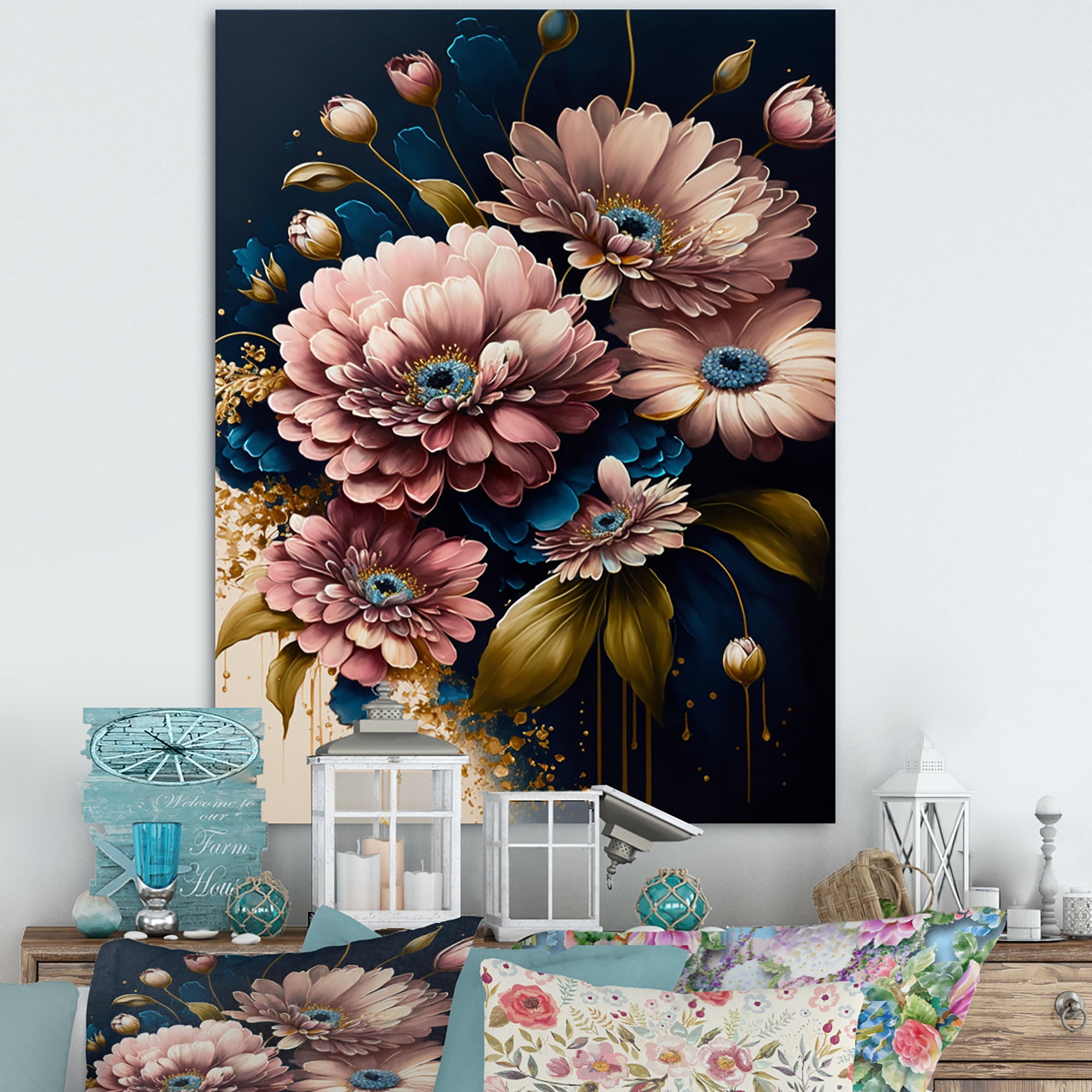 Designart Burgundy And Blue Daisy Bunch I Canvas Wall Art