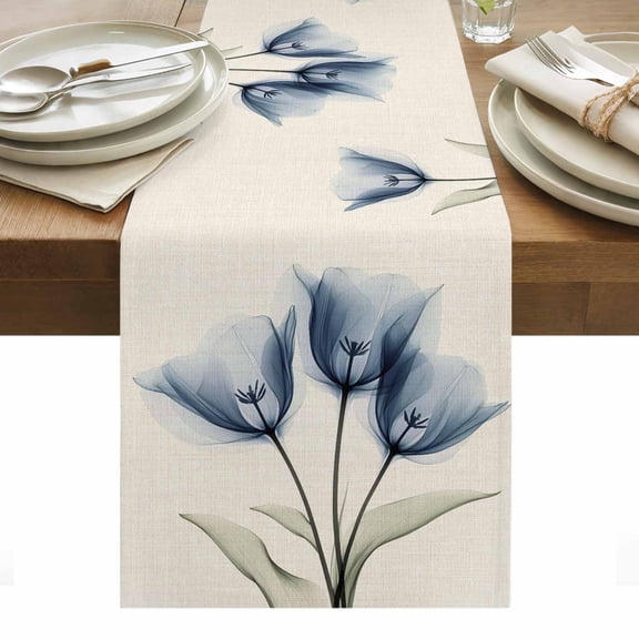Blue Tulip Table Runner - 60 Inch Long, Kitchen Dining Table Runner Dresser Scarves, Spring Floral Retro Beige Pastoral Leaves Farmhouse Decor for Coffee Tables Wedding Party Banquet