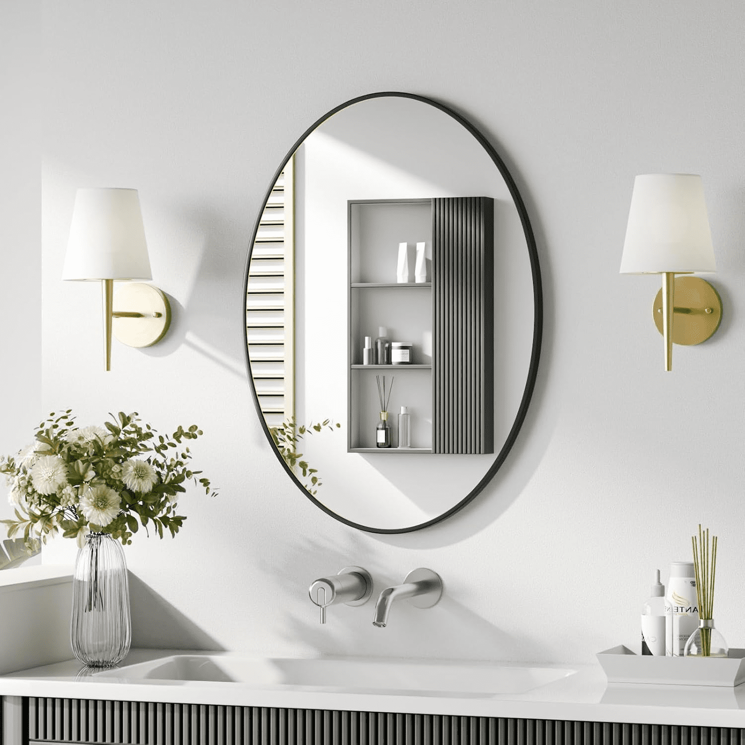 AUROMIR 20"x28" Bathroom Mirror Oval Mirror Wall-Mounted Vanity Mirror,Black