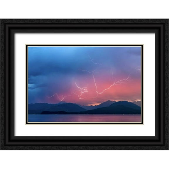 Paulson, Don 32x23 Black Ornate Wood Framed with Double Matting Museum Art Print Titled - WA, Seabeck Lightning over Hood Canal