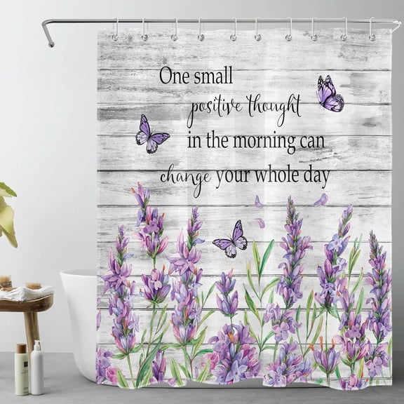 Farmhouse Purple Floral Shower Curtain with Hooks, Lavender and Green Leaf Butterfly Funny Quotes on Rustic Wood Shower Curtain Set Spring Flower Plant Bathroom Decor Curtains,60x72 inches