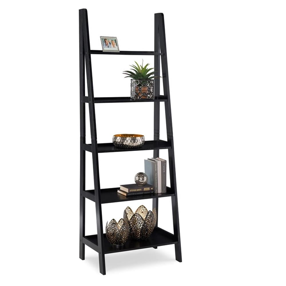 Riverbay Furniture 5-Shelf Transitional Wood Open Back Ladder Bookshelf in Black