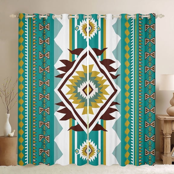 Manfei Tribal Geometric Aztec Kitchen Curtains, Southwest Bohemian Black Out Curtains Pack of 2 (42x63 Each), Teal and Mustard