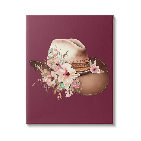Stupell Industries Cowgirl Hat on Burgundy Botanical & Floral Painting Gallery Wrapped Canvas Art Print Wall Art, 16 x 20