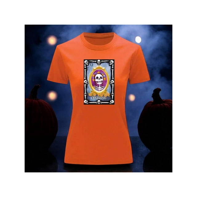 Playera Blusa Con Impresion De El Retrato De Loteria Dia De Muertos Tradicion Mexicana Color Anaranjado Talla Chica Marca Emil SaEs