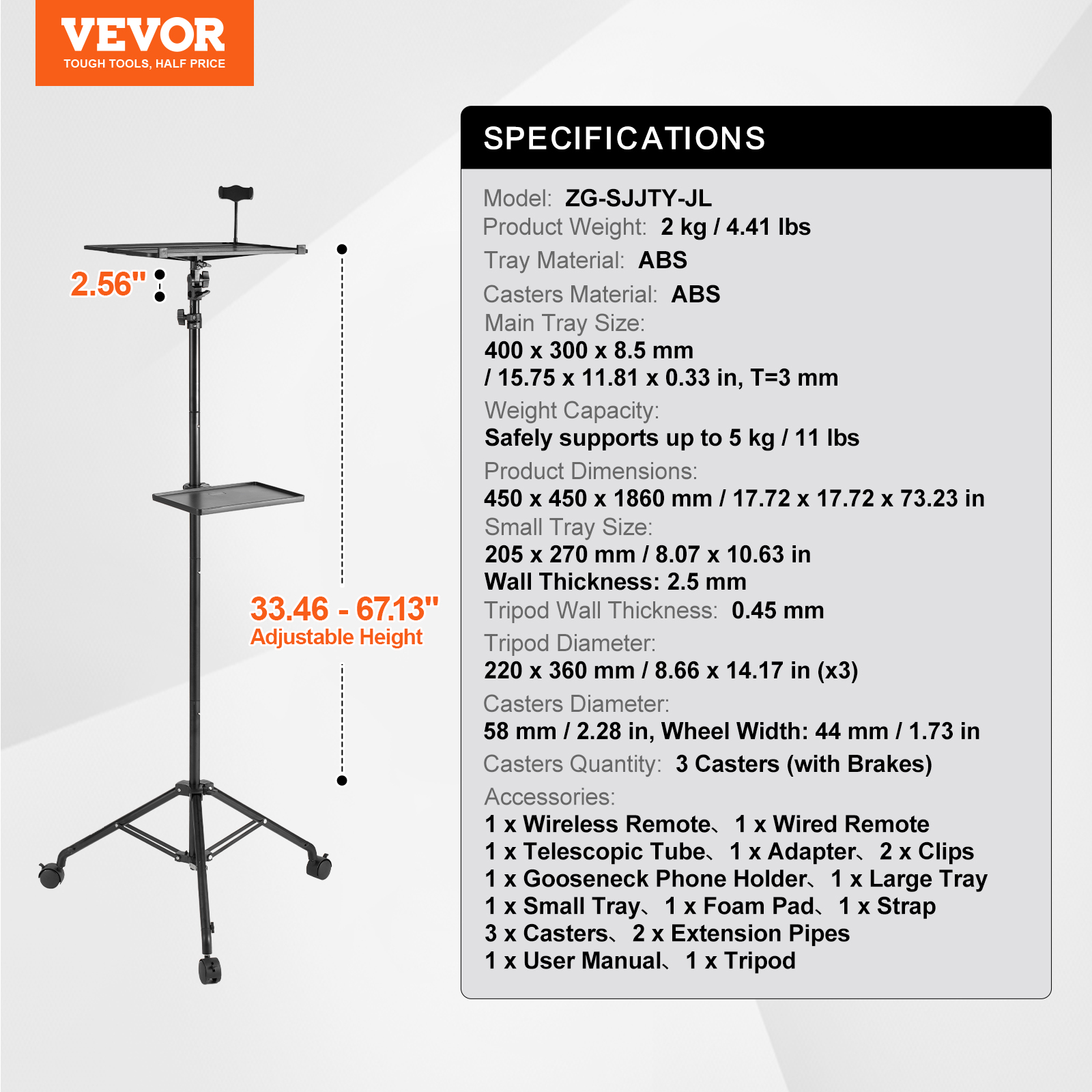 VEVOR Projector Stand with Wheels, Laptop Stand Tripod Adjustable Height from 31.3 to 67.3", Projector Tripod Stand with 2 Trays & Gooseneck Phone Holder, for Outdoor Movies, Home, Office or Studio