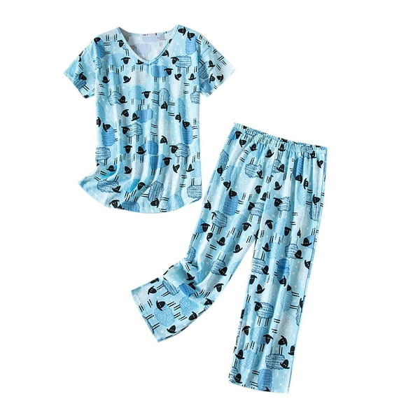Lixiuxyad Women Cotton Pajamas Set Short Sleeve Top Capri Pants Sleepwear Plus Blue