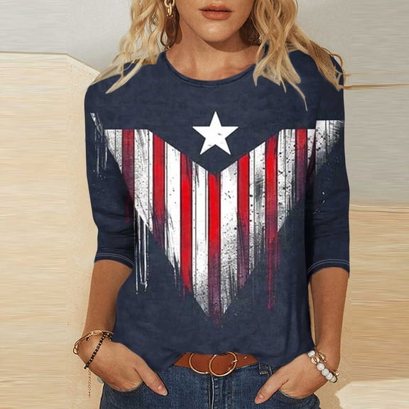 Cavosen Independence Day Clothes Women Patriotic 3/4 Sleeve Crew Neck Tops American Flag Print T Shirts Lady XL Independence Day Casual Tops Funny 4th of July Tunic Tees 2025 Patriotic Clothes