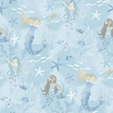 Galerie Wallcoverings  Tiny Tots 2 Mermaids Non-woven Glittery Wallpaper Roll 33 feet x 21 inches - Blues/Purple/Glitter