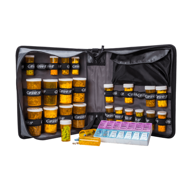 Med Manager XL Medicine Organizer and Pill Case, Holds (25) Pill Bottles -  (17) Standard Size and (8) Large Bottles, Black, 13 inches x 13 inches x  4.5 inches 