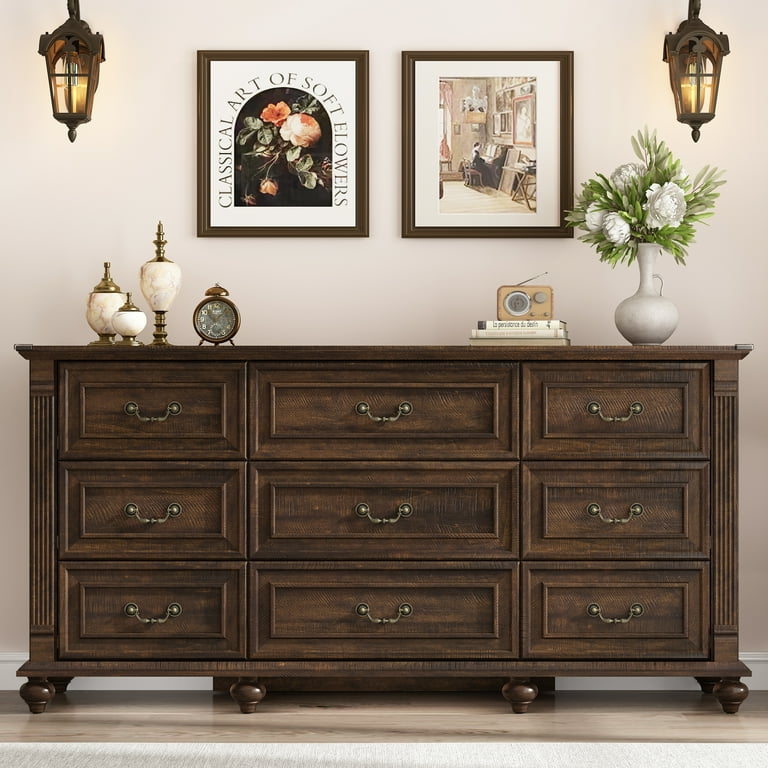Blotout 9 Drawer Dressers for Bedroom, Farmhouse Dresser with 6 Solid Wood feet, 63" Wide Brown Dresser Wooden Dresser Rustic Chest of Drawers Long