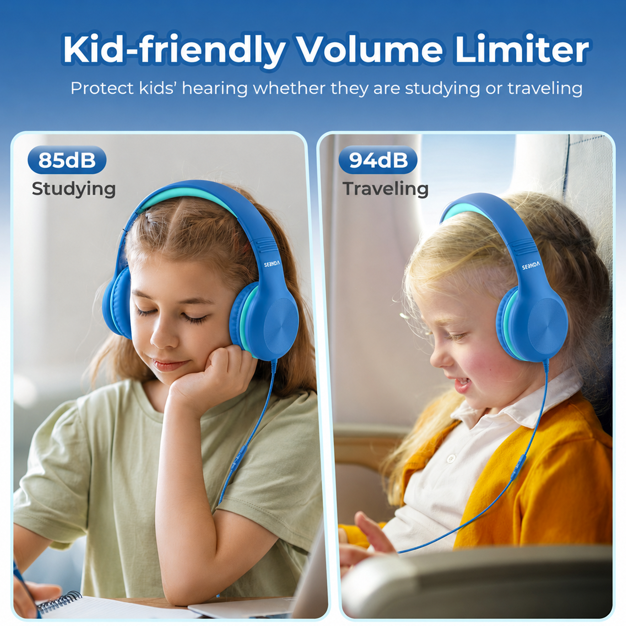 Seenda Kids Foldable Wired Over-Ear Headphones, Blue photo 2