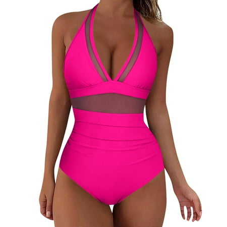 Mnyotv Women Bathing Suit Thong Swimsuit Women 1 Piece Swimwear Sexy Mesh Swimsuit Push Up High Waisted Bathing Suit Training Swimwear Bathing Sport Control Swimsuit Swimwear Hot Pink 2XL