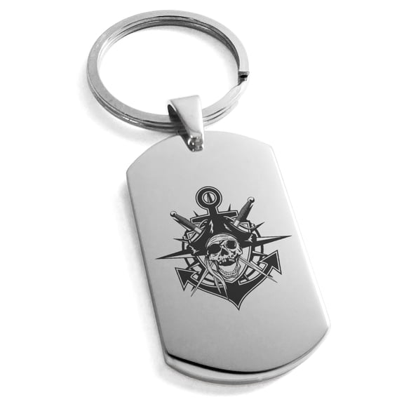 Tioneer Tioneer Stainless Steel Jolly Roger Pirate Skull Anchor Engraved Dog Tag Keychain Keyring