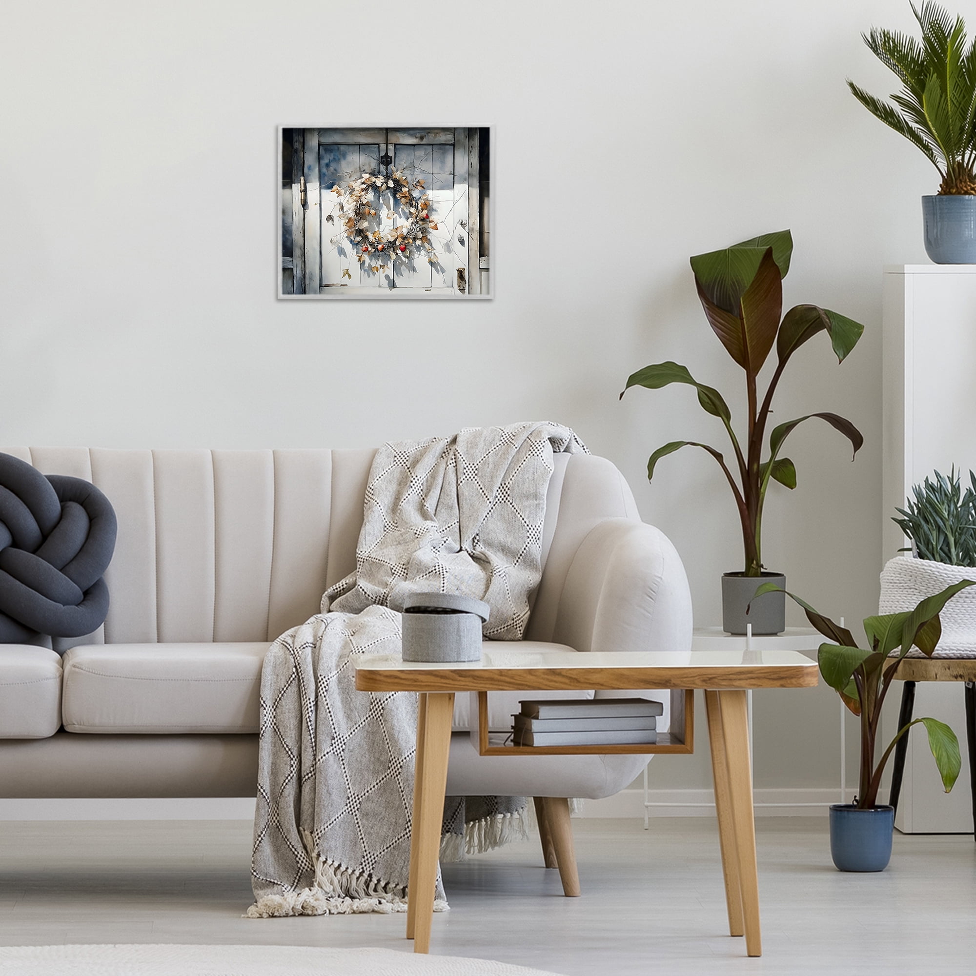 Stupell Industries Rustic Wreath on White Door Gray Framed Giclee Art, design by Franklyn Gregory