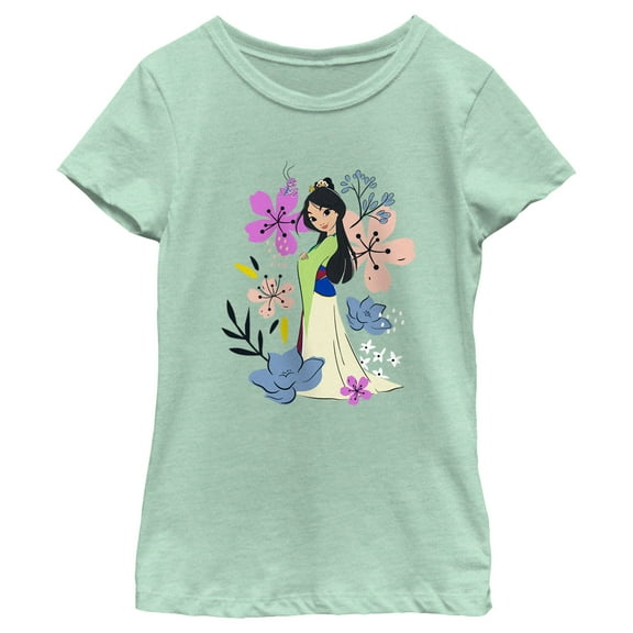 Girl's Mulan Floral Doodles  Graphic Tee Mint Large