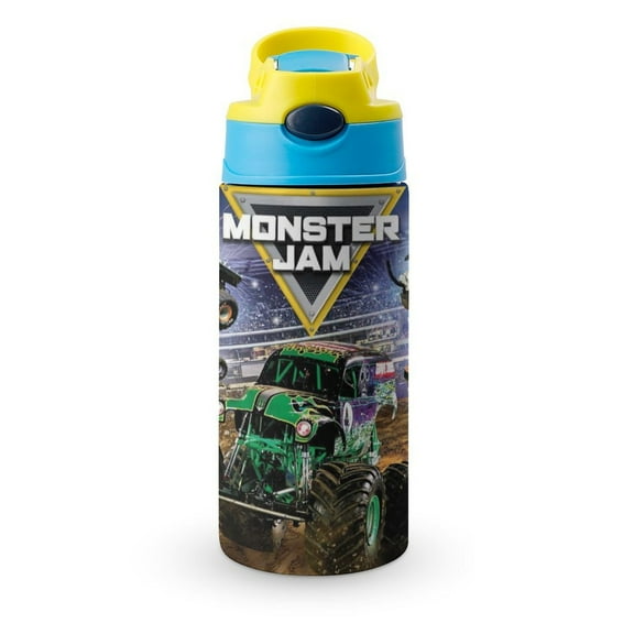 Kids Water Bottle with Covered Pop-Up Straw Monster Truck Jam Insulated Stainless Steel Cup for Girls Boys