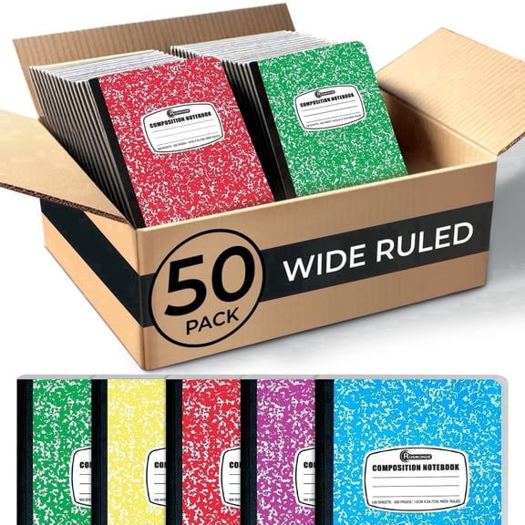 Rosmonde 50 Pack Bulk Composition Notebooks, Wide Ruled, 200 Pages (100 Sheets), 9-3/4 x 7-1/2, Hard Cover, Bulk School Supplies, Assorted Colors Marble Composition Journal, Bulk Notebooks for School