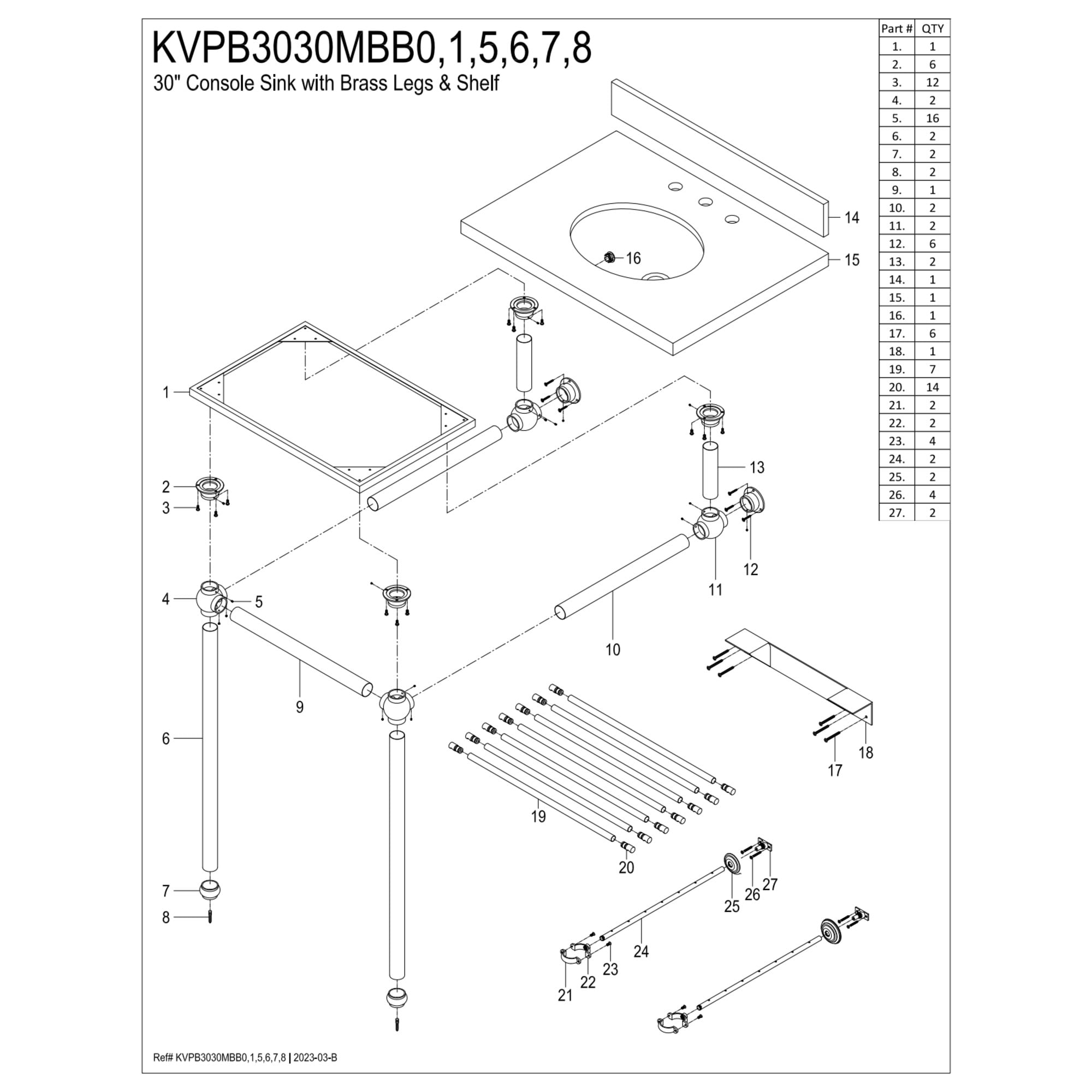 Kingston Brass KVPB3030MBB5 Templeton 30" Rectangular Brass, Marble Console Bathroom Sink
