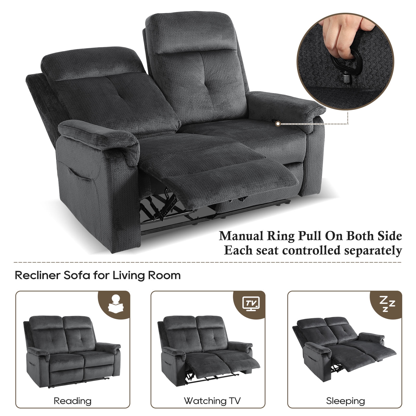 Fabric Loveseat Recliner Sofa with Heat and Massage, Wall Hugger Loveseat Recliner with Side Pocket, Reclining Loveseat for Living Room, Home Theater, RV