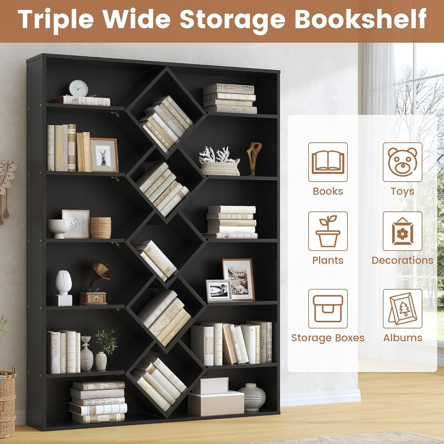 Frmobepts Triple Row 6-tier Bookshelf, 71 in Tall Bookshelf with 17 Open Display Shelves, Large Bookcase for Office Living Room, Black