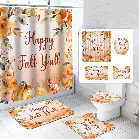 Thanksgiving Shower Curtain Set - 4PC Fall Bathroom Decor with Non-Slip Mats & Toilet Cover (Polyester)