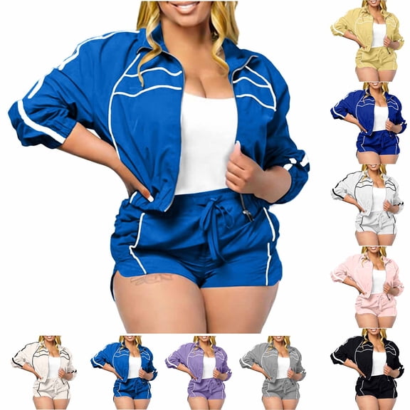 Horkkom Two Piece Sets for Women Summer Long Sleeve Zip Up Jackets Elastic Waist Shorts 2 Piece Sets Casual Beach Workout Shorts Sets L