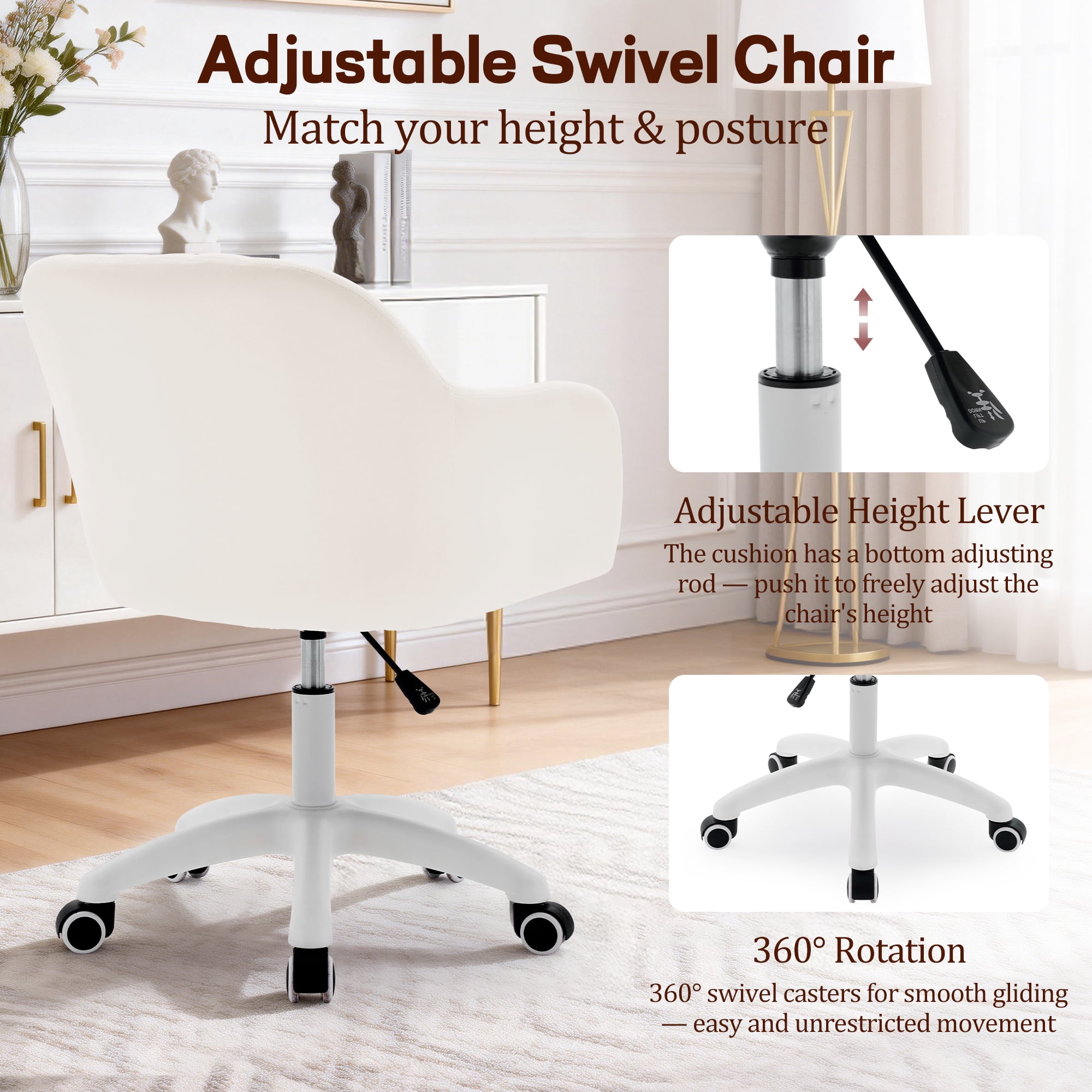 Korser Adjustable High Vanity Chair with Pillow Velvet Swivel Desk Chair with Wheels,Space-Saving Makeup Computer Chair,Home Office Desk Chair,Beige
