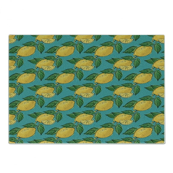 Vegan Cutting Board, Hand Drawn Abstract Pattern with Lemons on Blue Background Healthy Citrus, Decorative Tempered Glass Cutting and Serving Board, in 3 Sizes, by Ambesonne